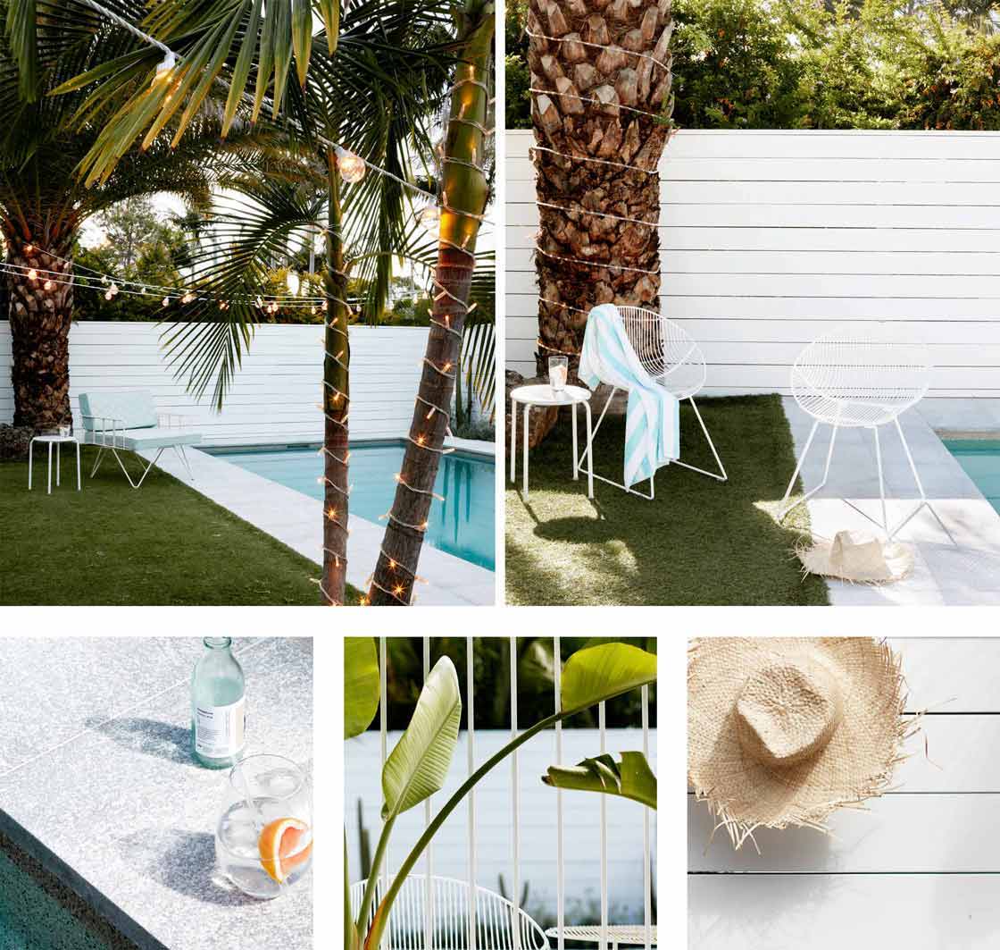 5 photos of Summer settings with fairy lights and festoons.