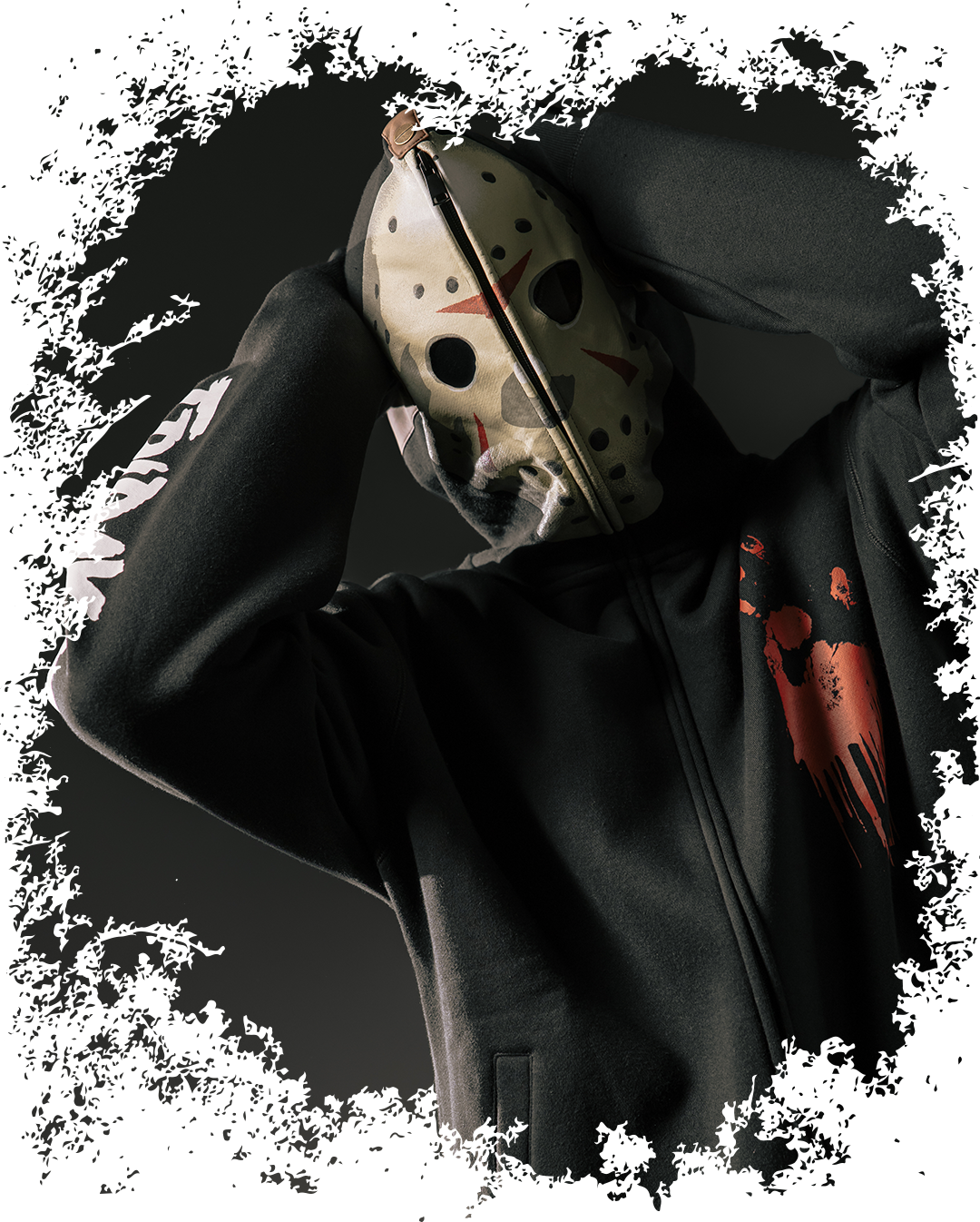 Person wearing a hockey mask and black hoodie with blood splatters.