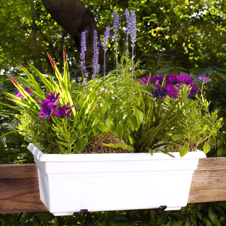 White over-the-railing planter with a variety of annual flowers