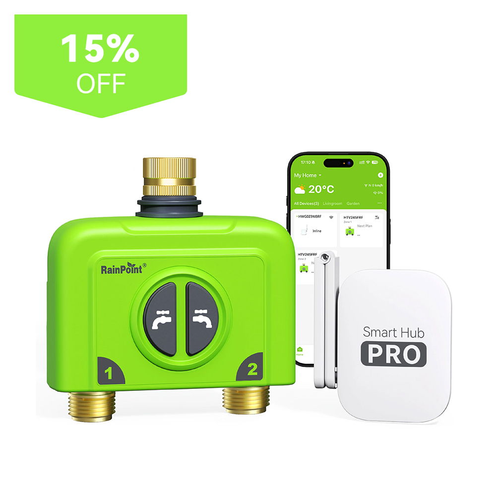 Smart water valve with phone app and 15% off promotion badge.
