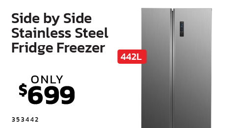 Side by side stainless steel fridge freezer, 442L, priced at $699.