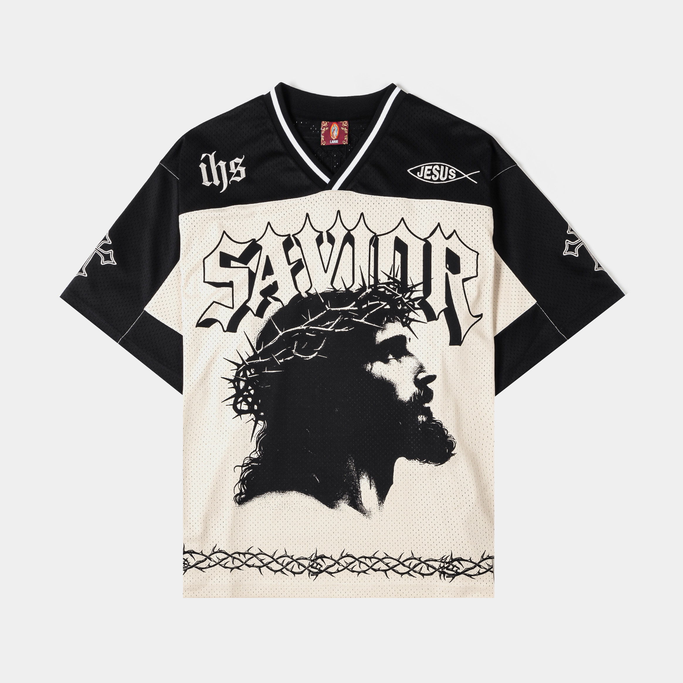 T-shirt featuring a design of Jesus and the word 