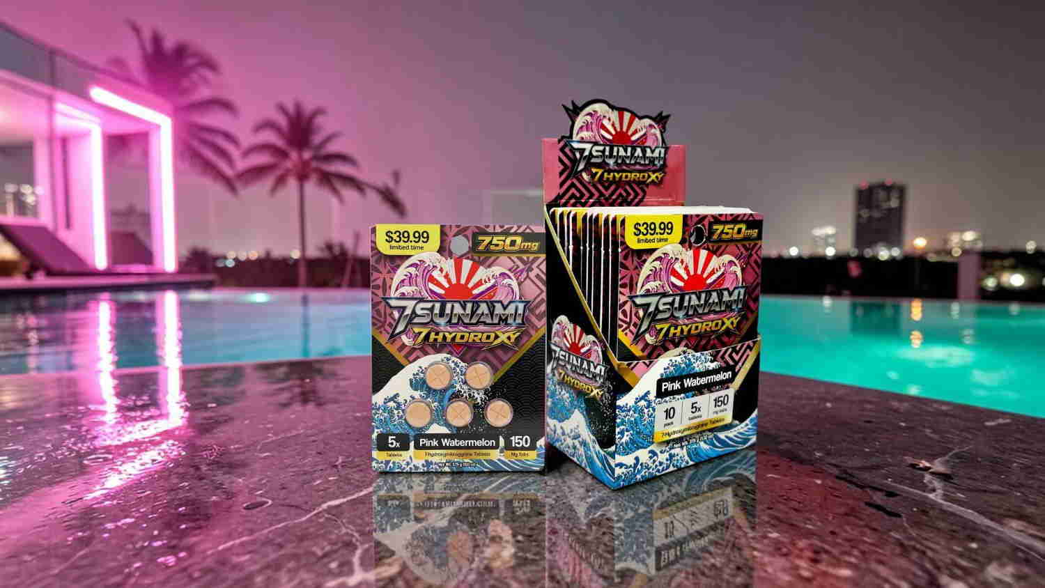 Firework boxes near a pool at night, illuminated by colorful lights.