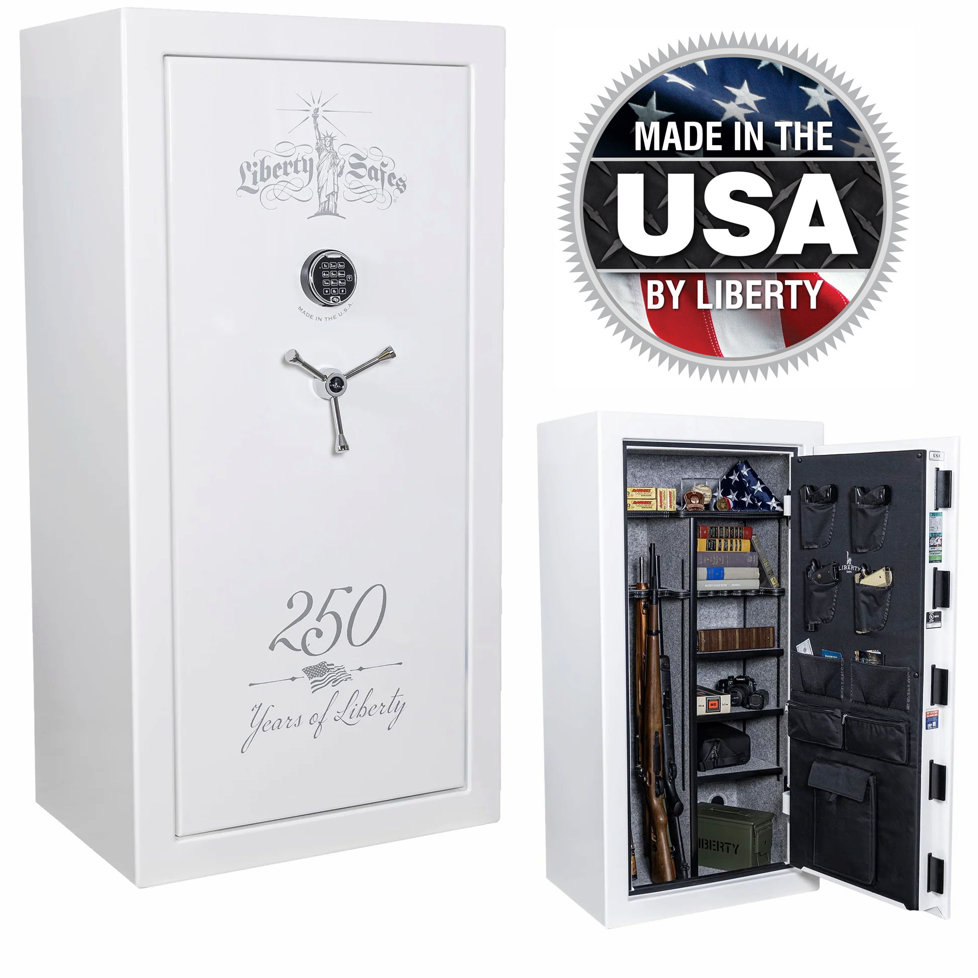 Liberty Safe's limited-edition 250th Commemorative USA 30 in Reflective White featuring exclusive patriotic artwork