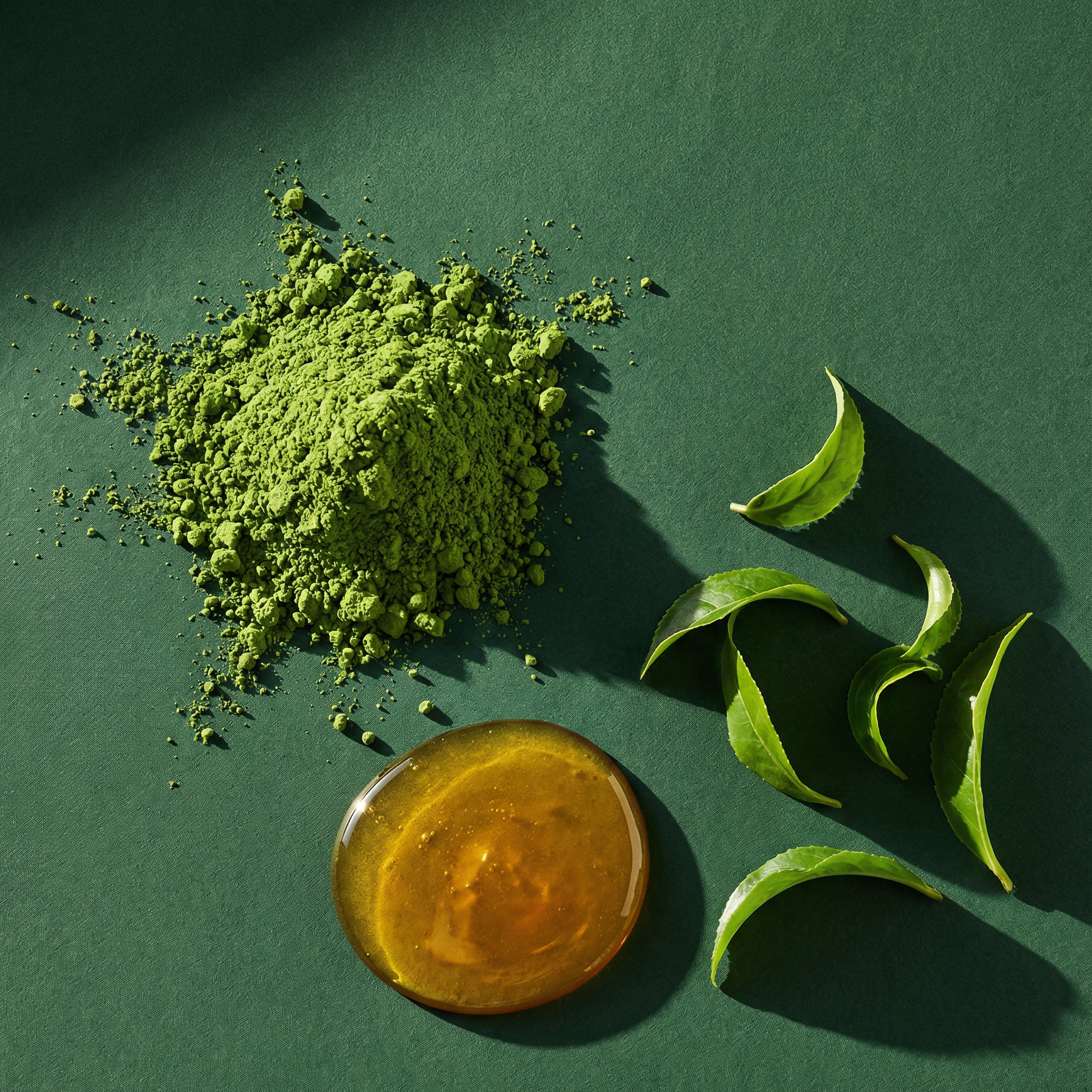 Bottle of oil surrounded by green powder and honey in a glass container.