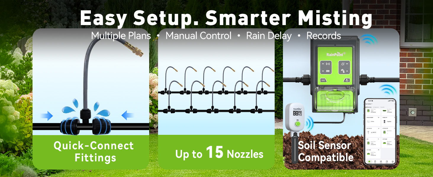 Easy setup for misting system with quick-connect fittings and app control.