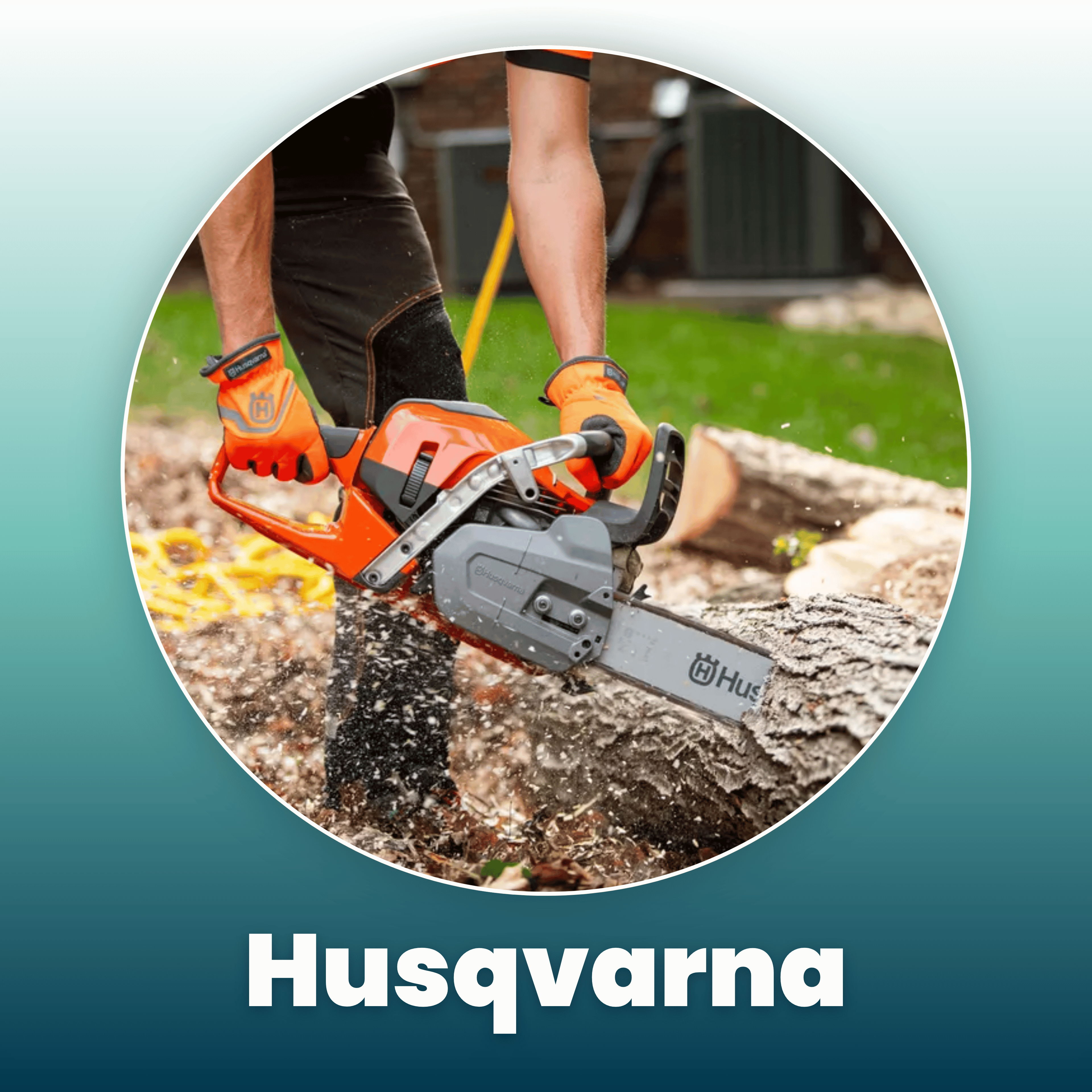 Person using a Husqvarna chainsaw on a log outdoors.