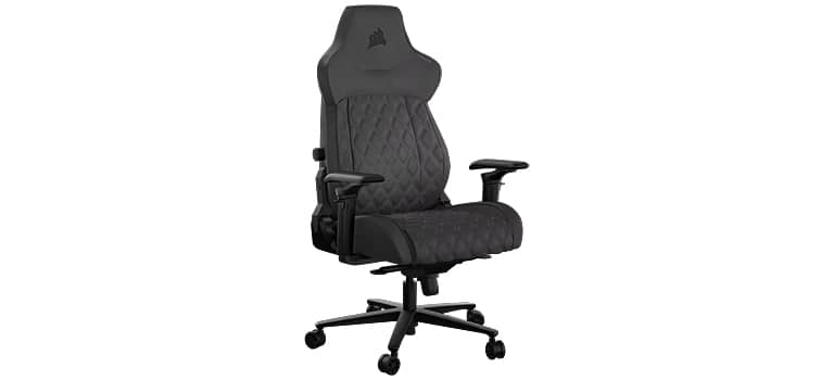 Black ergonomic gaming chair with a high back and adjustable arms.