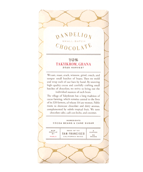 Dandelion Chocolate bar packaging with tasting notes and origin details.