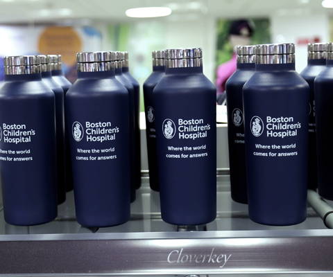 Boston Children's Hospital branded tumblers at the Cloverkey gift shop