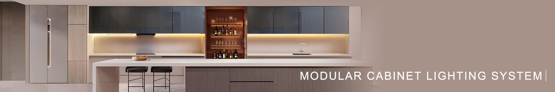 Modern modular kitchen featuring integrated under cabinet LED lighting system with warm linear illumination and minimalist cabinetry.