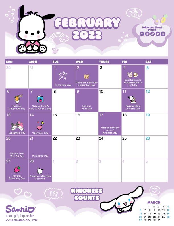 February 2022 Friend of the Month Calendar featuring Pochacco