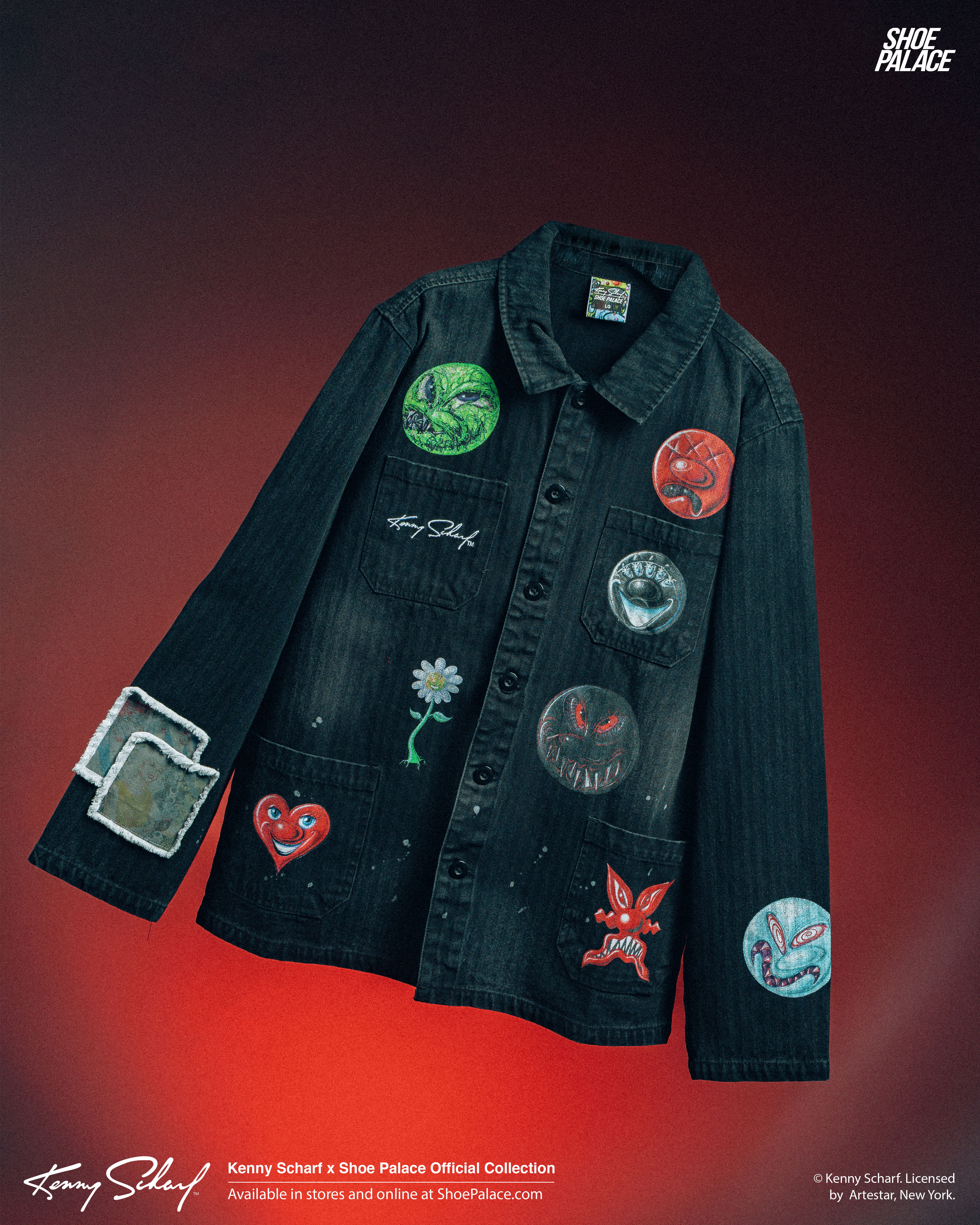Black jacket with various colorful patches and designs.