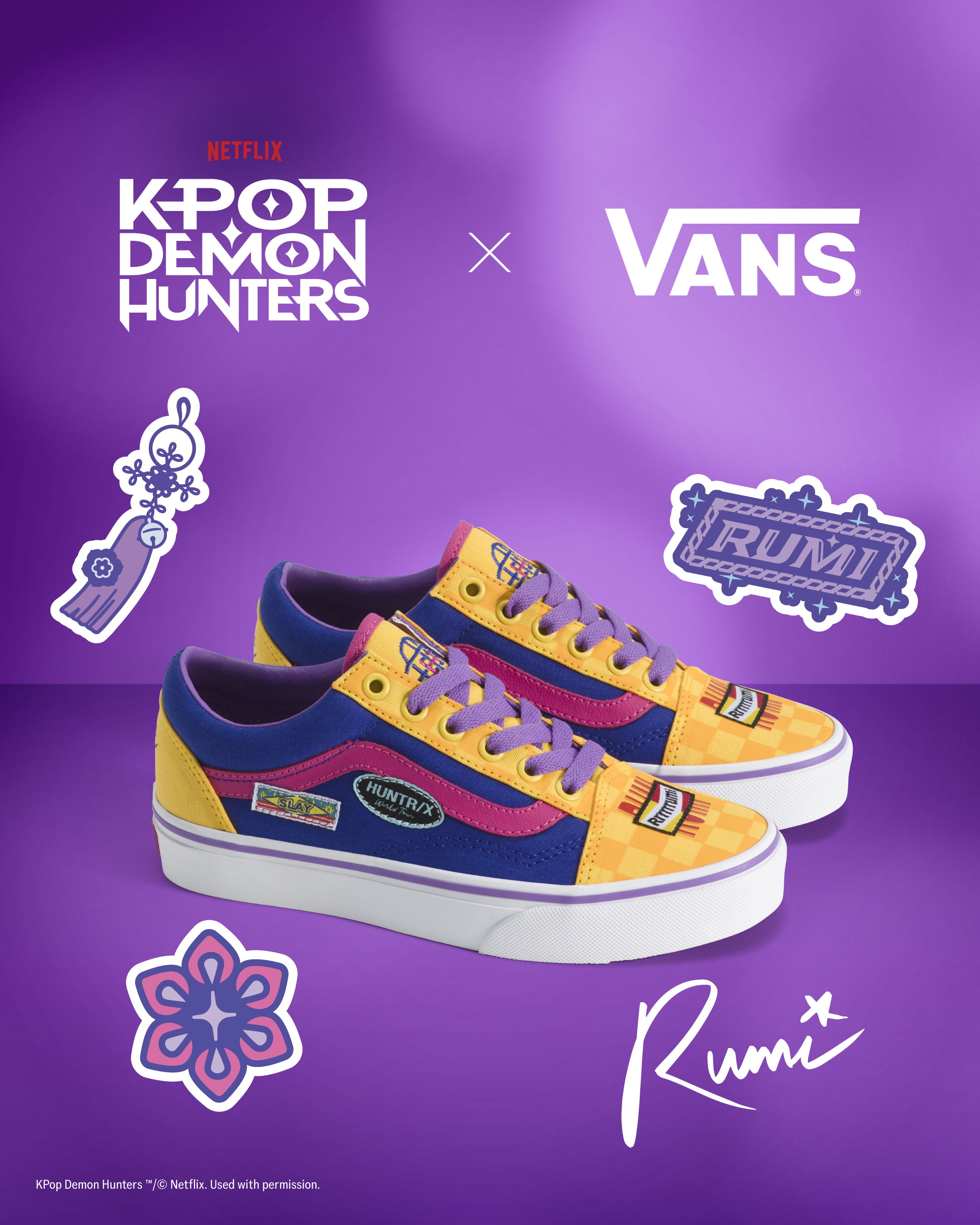 KPOP DEMON HUNTERS x VANS sneaker design with colorful elements and logos.