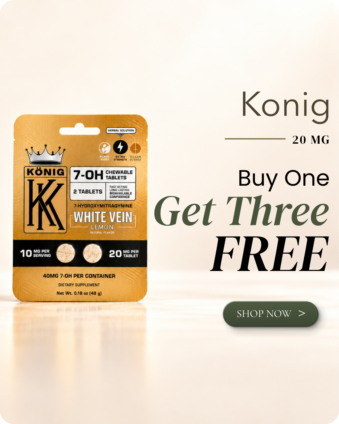 Konig 20 mg, buy one get three free, white vein product packaging.