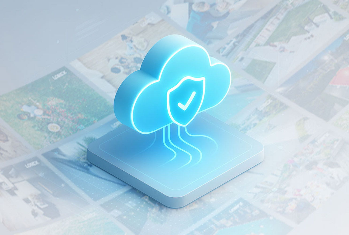 3D glowing blue cloud icon with a security shield and checkmark, representing Lorex Cloud storage and data protection, over a blurred background of security camera footage thumbnails.
