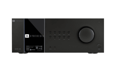Black audio receiver with various buttons and a large volume knob.