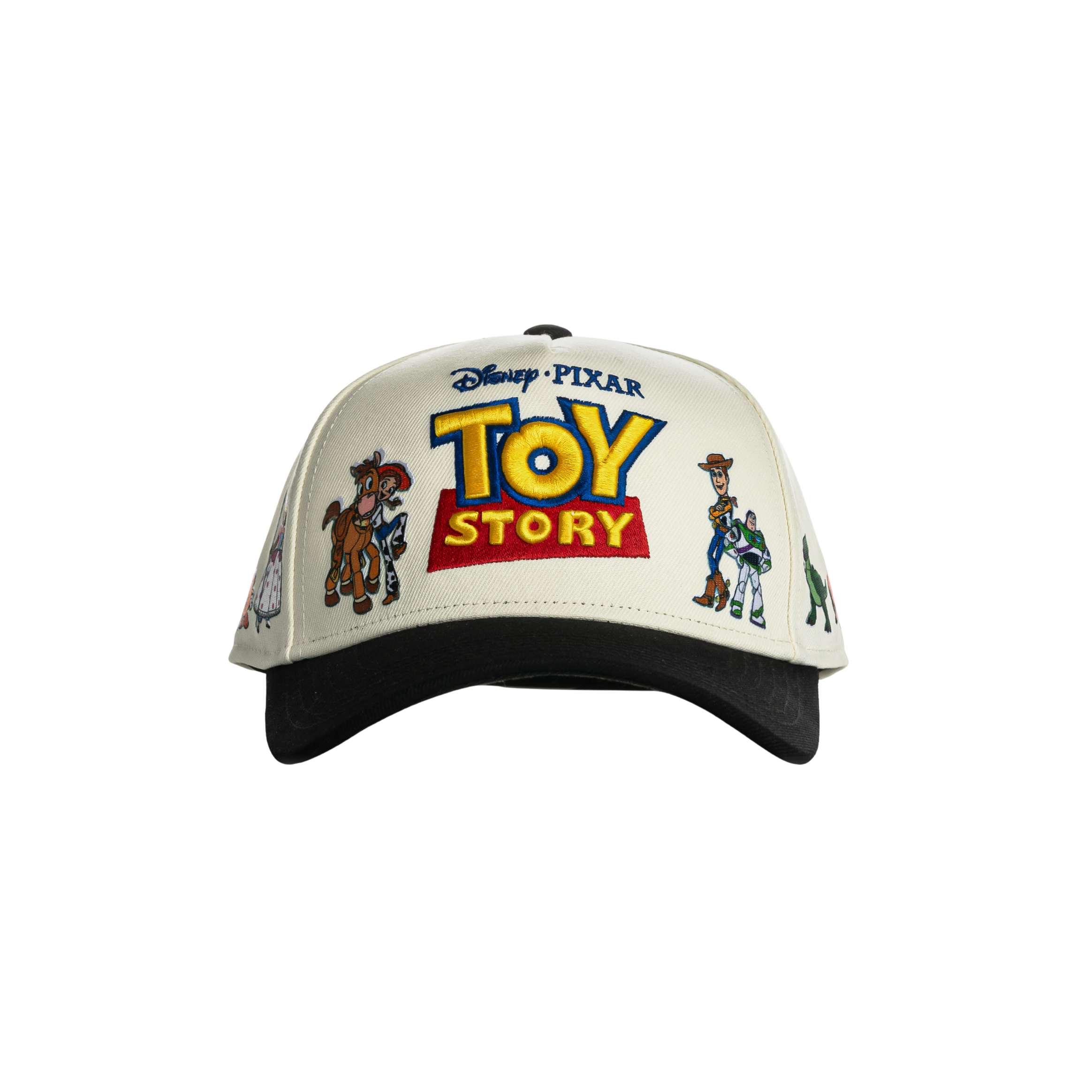 White cap featuring Toy Story characters and logo.