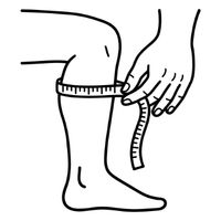 Close-up line art icon showing a woman's hand measuring the widest part of the calf with a cloth tape measure for custom boot sizing.