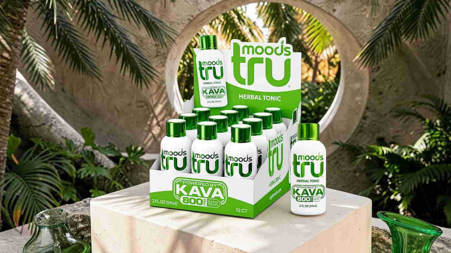 Display of tru Kava drinks in a tropical setting.