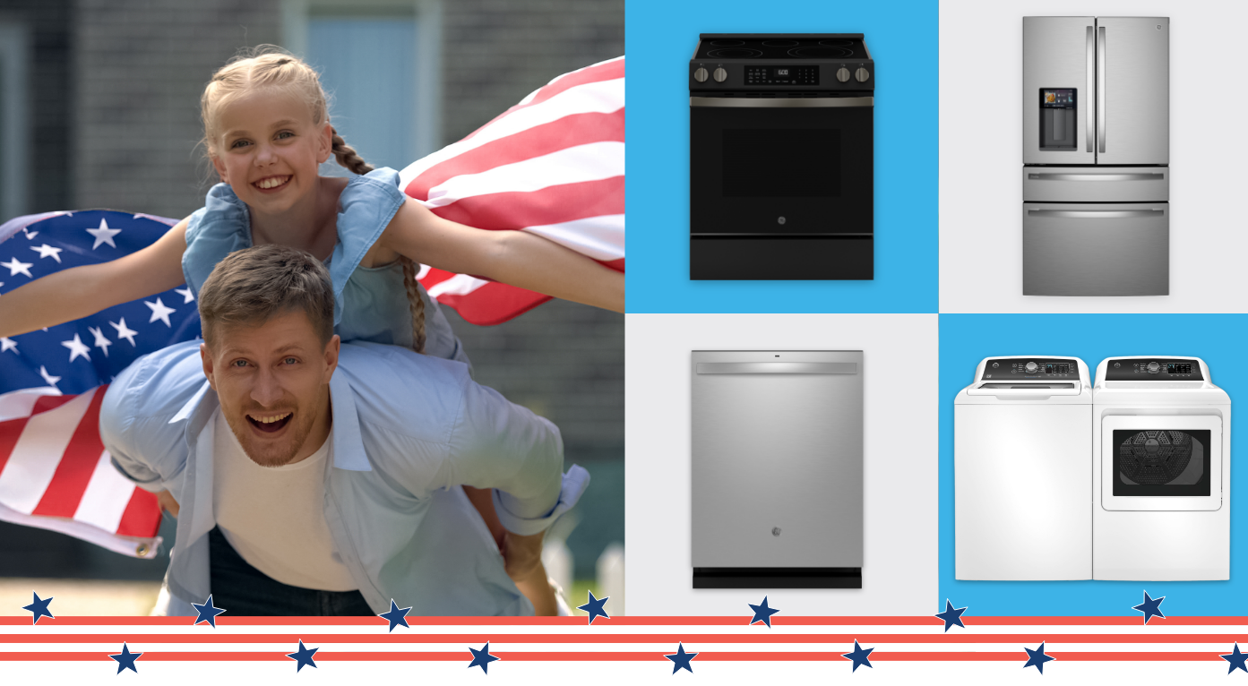 Father and daughter with appliances, patriotic theme, smiling and having fun.