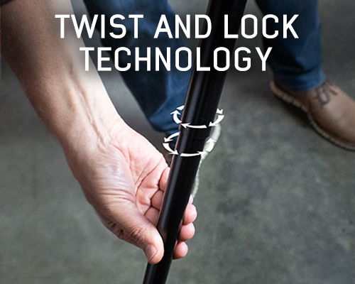 Hand demonstrating twist and lock technology on a black pole.