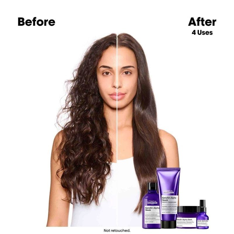 Before and after hair treatment results with products shown.