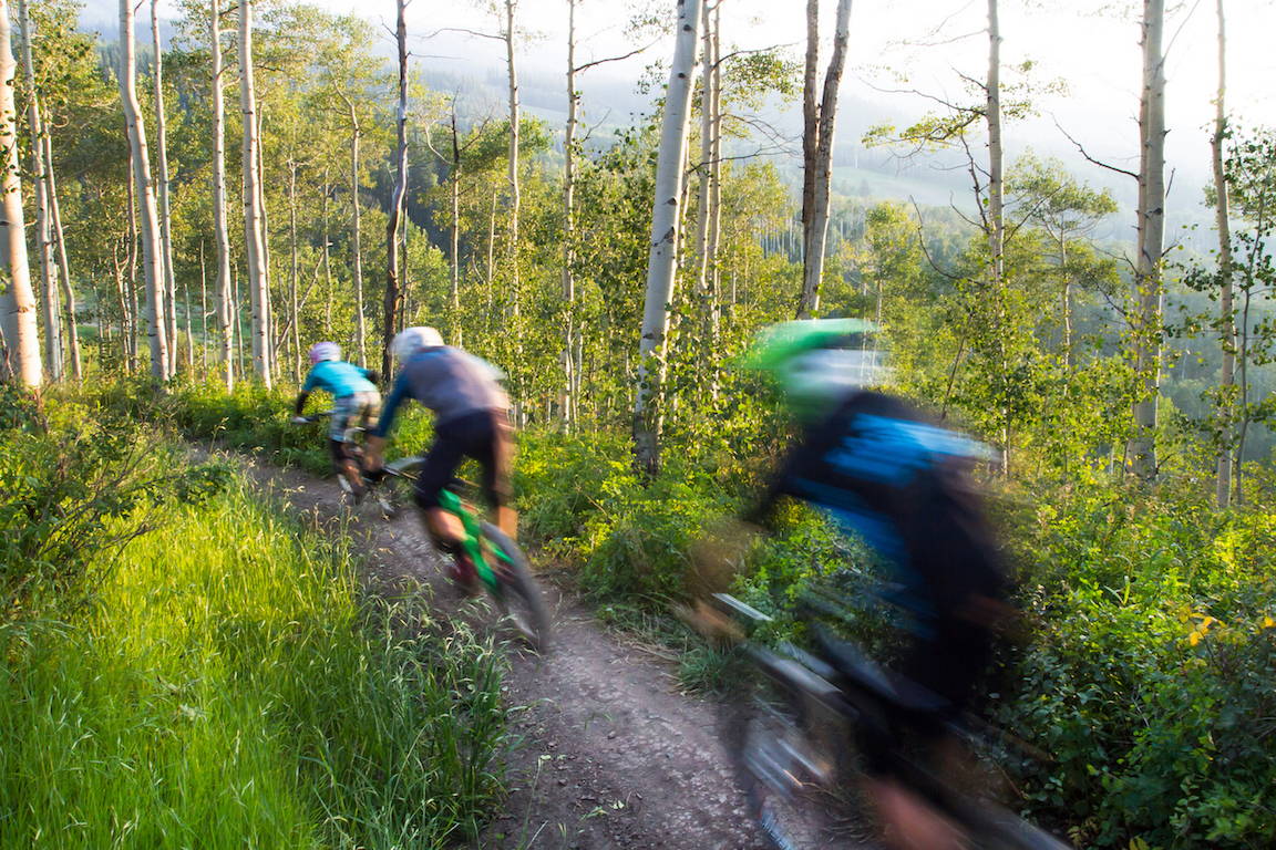 Mountain bikers racing through the aspens.
