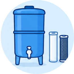 Blue water filter with three replacement cartridges beside it.