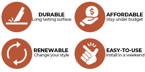 Durable, long-lasting surface. Renewable for style changes. Affordable and easy to install in a weekend.