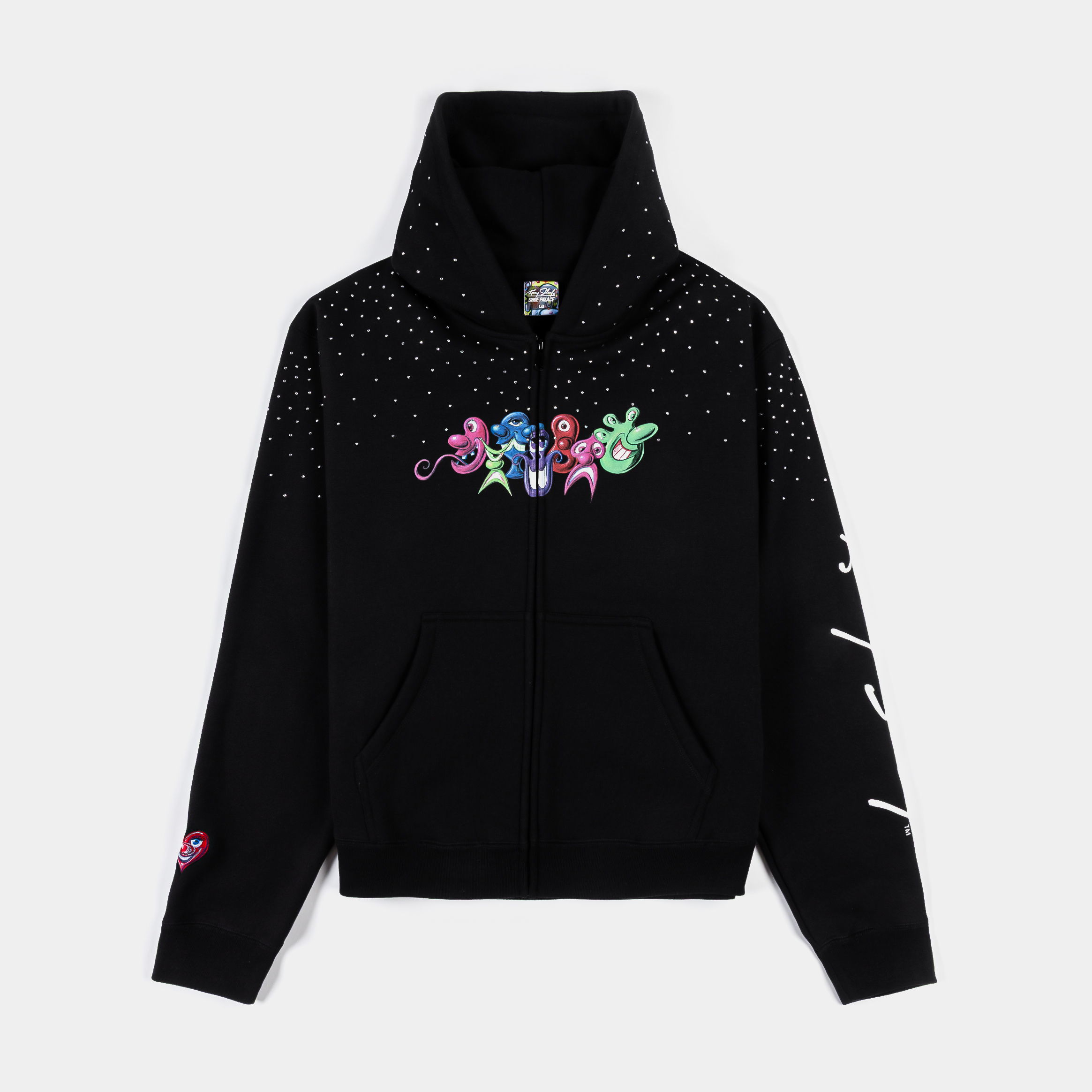 Black hoodie with colorful graphic design on the front and patterned hood.