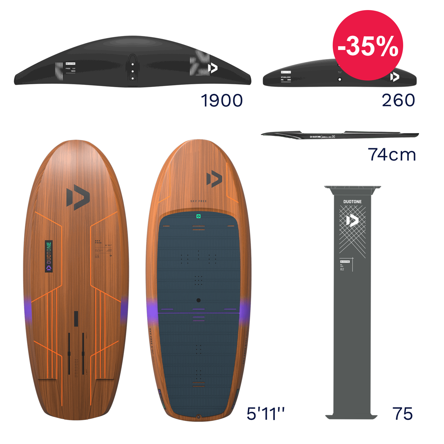Image of a surfboard with specifications and a discount label.