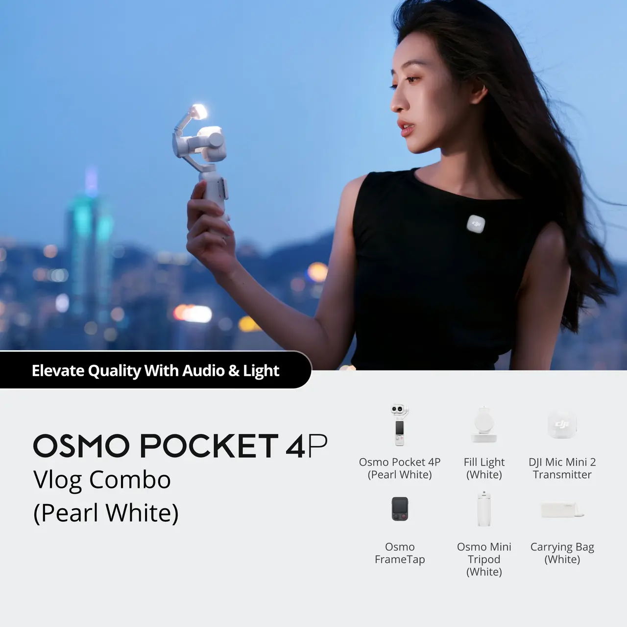Woman holding Osmo Pocket 4P camera against a city skyline backdrop.