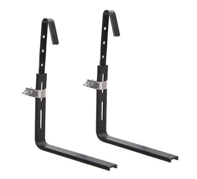 Two black metal brackets for mounting or supporting objects.