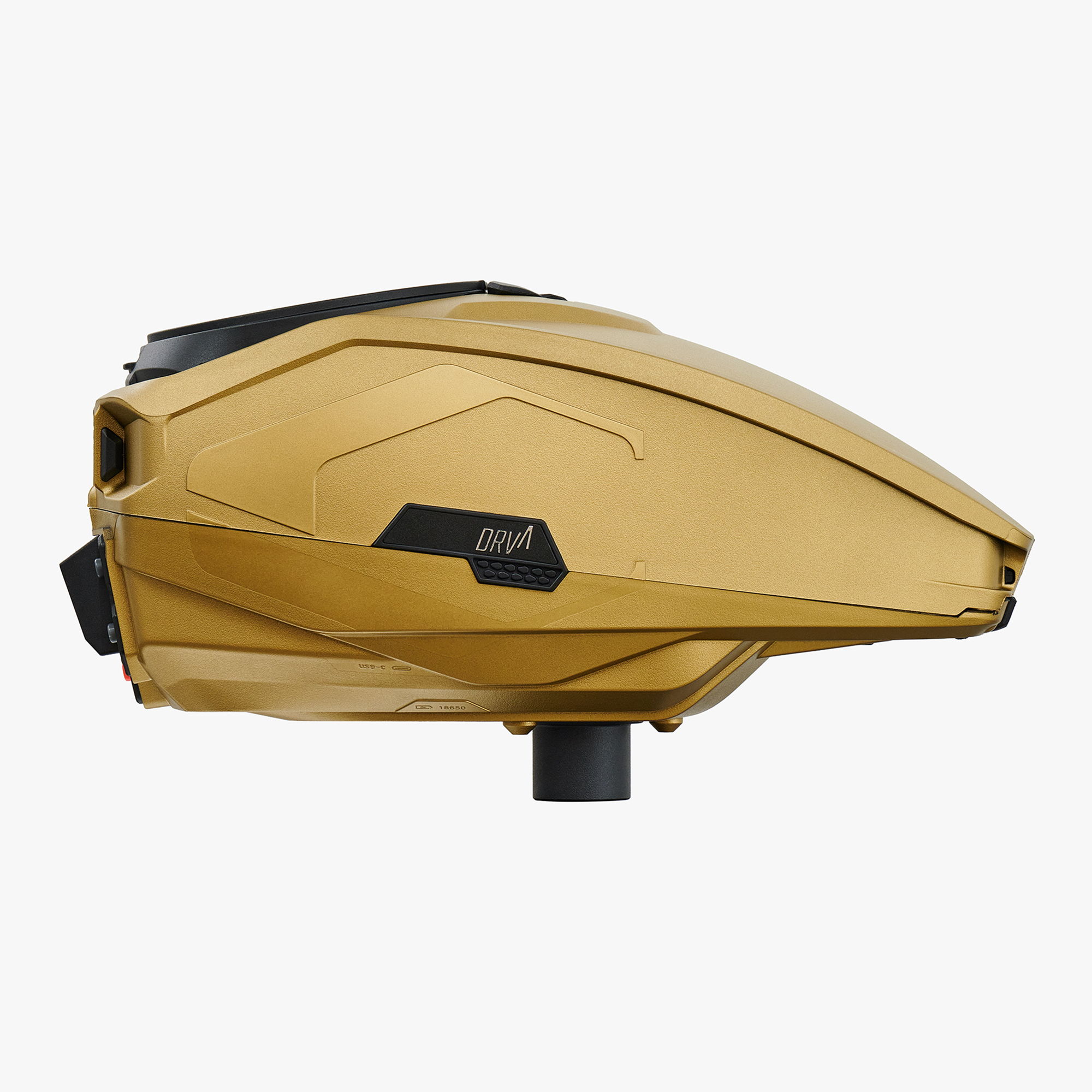 Gold paintball hopper on a white background.