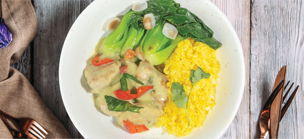 Low-Fat Thai Green Curry Chicken with Asian greens and coconut turmeric rice