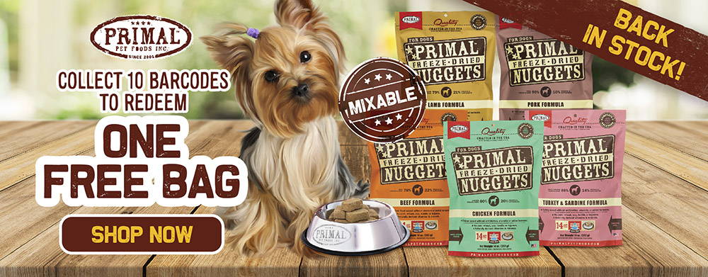 Primal freeze-dried raw dog food collect 10 barcodes and redeem a free bag.