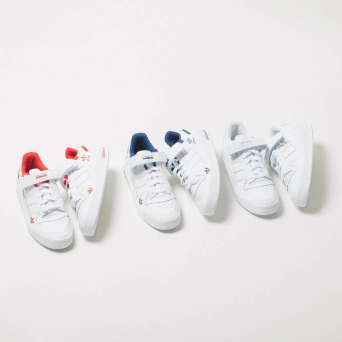 red, blue, and all white adidas forum