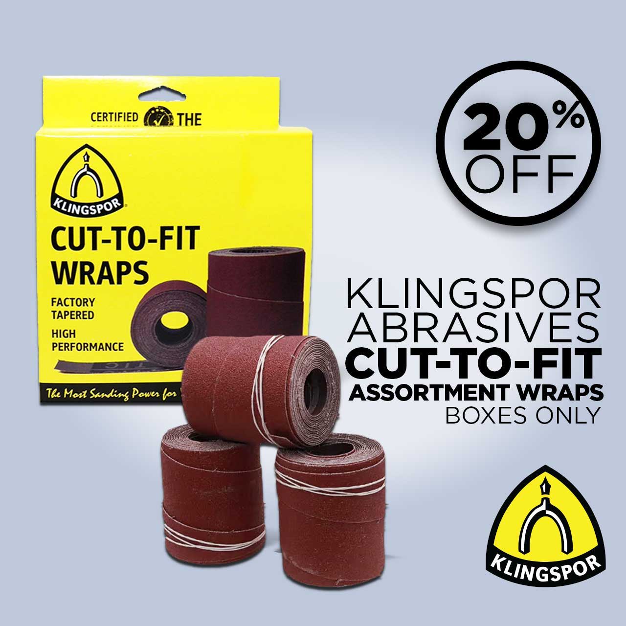 Klingspor abrasives cut-to-fit wraps with a 20% off promotion.