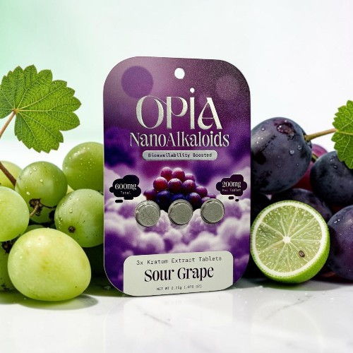 Packaging of Opia Nano Alkaloids with grapes and lime.
