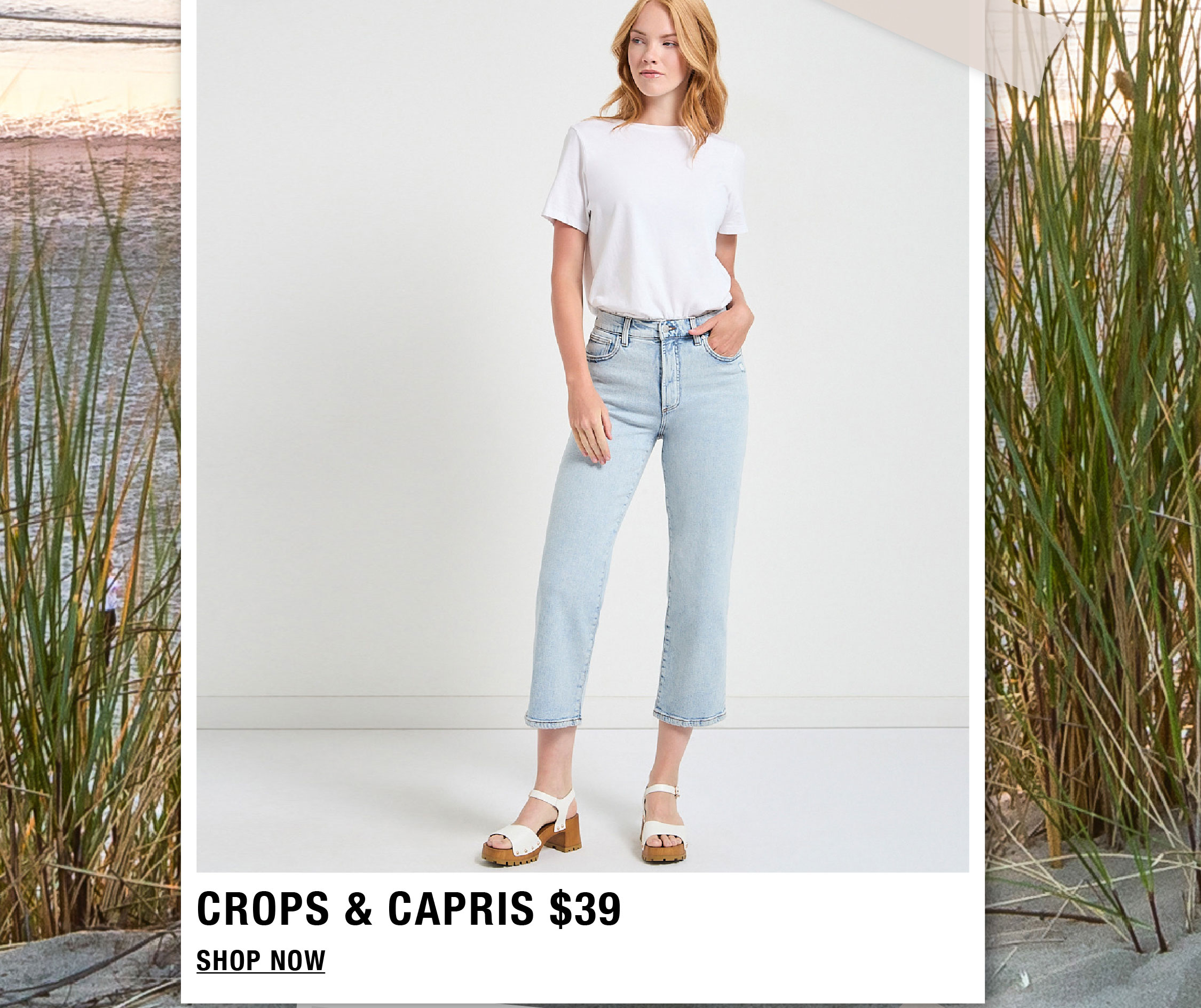 Woman wearing light jeans and a white t-shirt, promoting crops and capris.