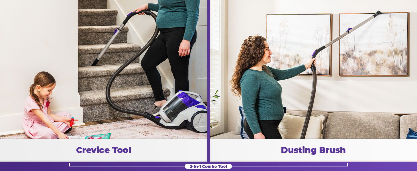 Person using a vacuum on stairs; another person cleaning with a brush.