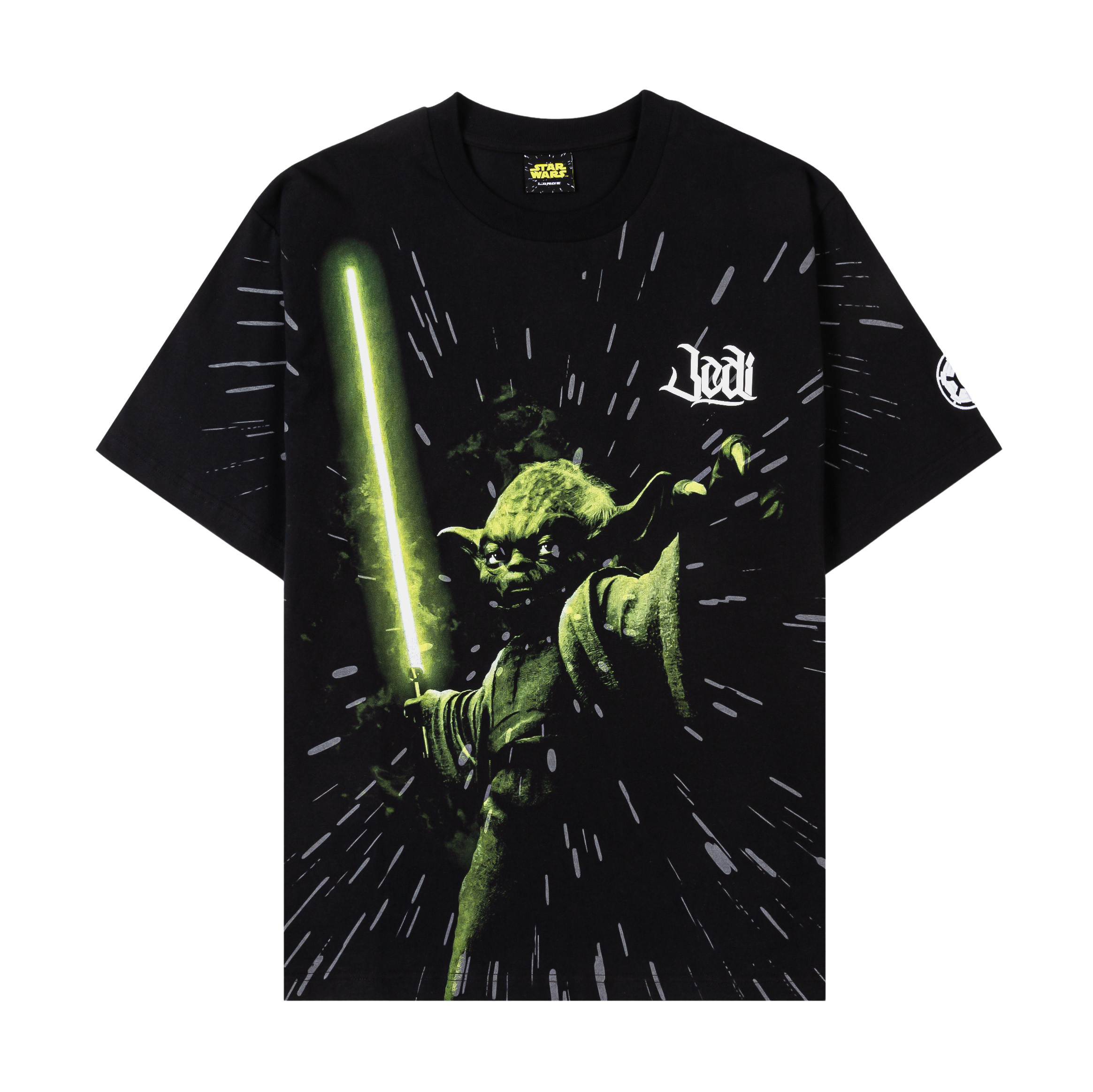 Black t-shirt featuring Yoda with a green lightsaber and dynamic background.