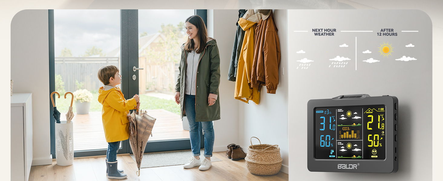 A child in a yellow coat greets a woman indoors.