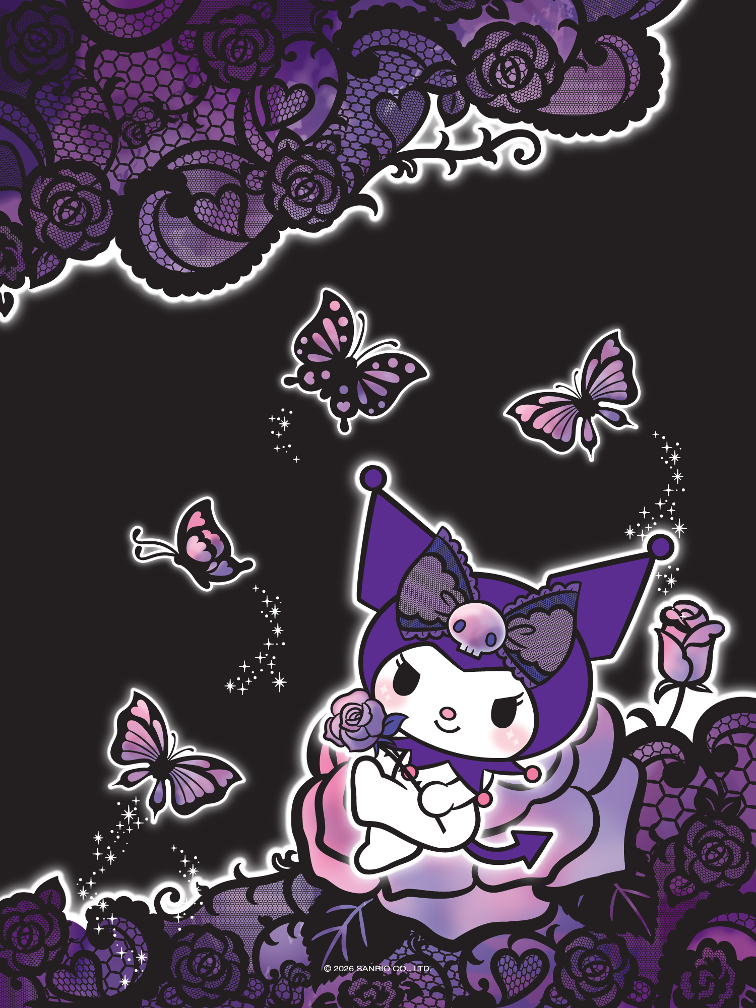 A dark purple and black gothic-style illustration featuring a cute cartoon character in a pointed purple hat holding a rose, surrounded by butterflies, flowers, and lace-like decorative motifs on a black background.
