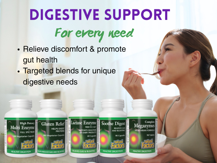 Woman enjoying a supplement for digestive support with product bottles displayed.