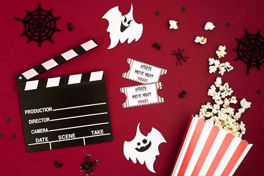 halloween inspired movie theater flat lay