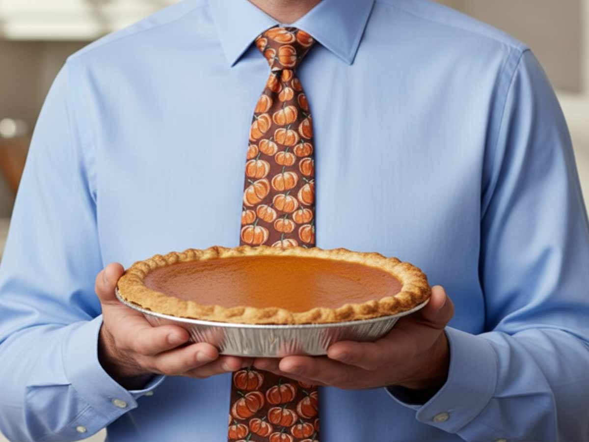 Man holding a pumpkin pie wearing a pumpkin tie