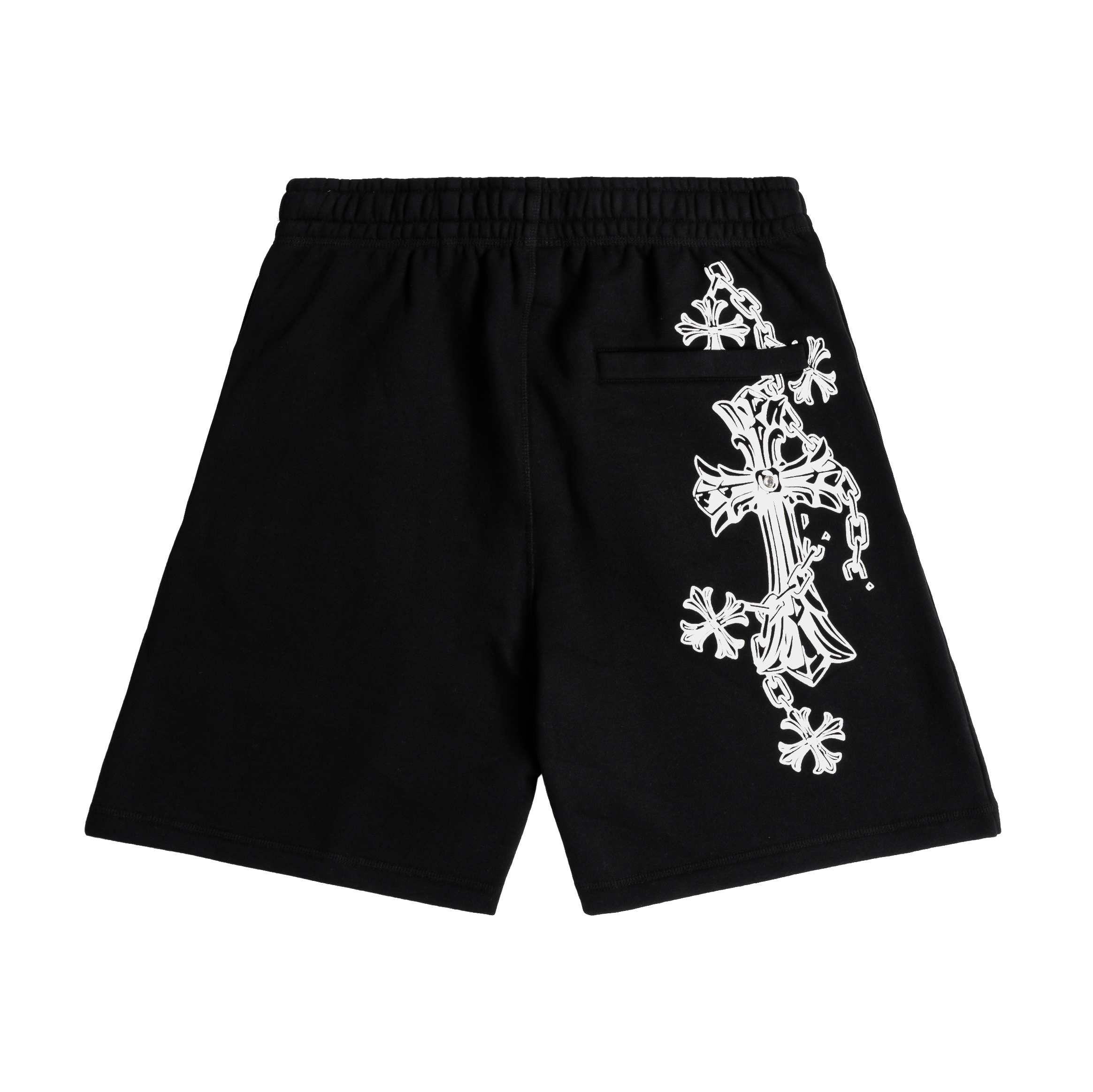 Black shorts with white decorative cross designs on both sides.