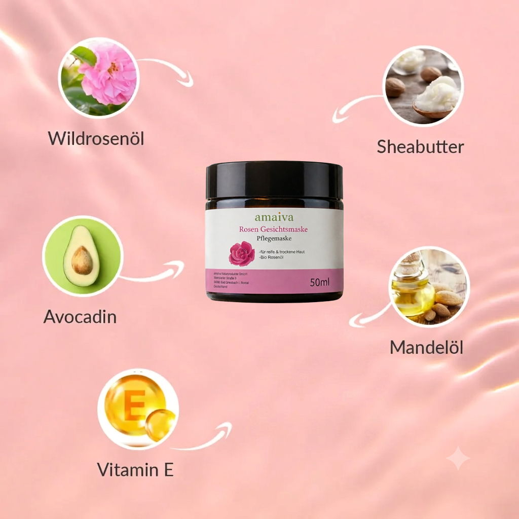Rosenmaske mit Wildrosenöl, Sheabutter, Avocadin, Mandelöl, Vitamin E